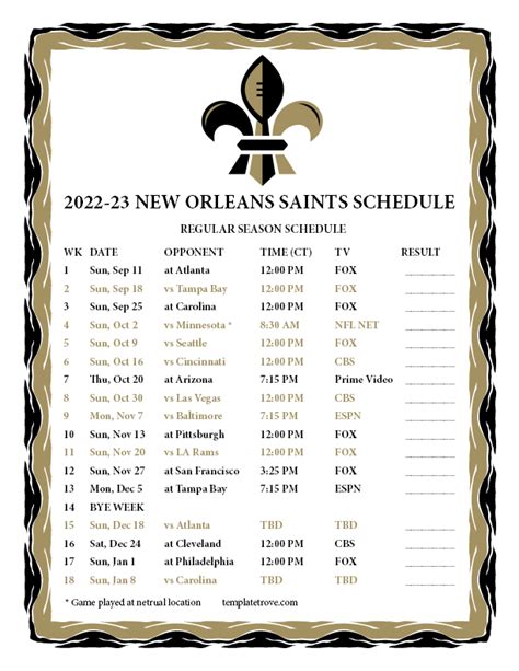 Printable Saints Schedule 2022 23
